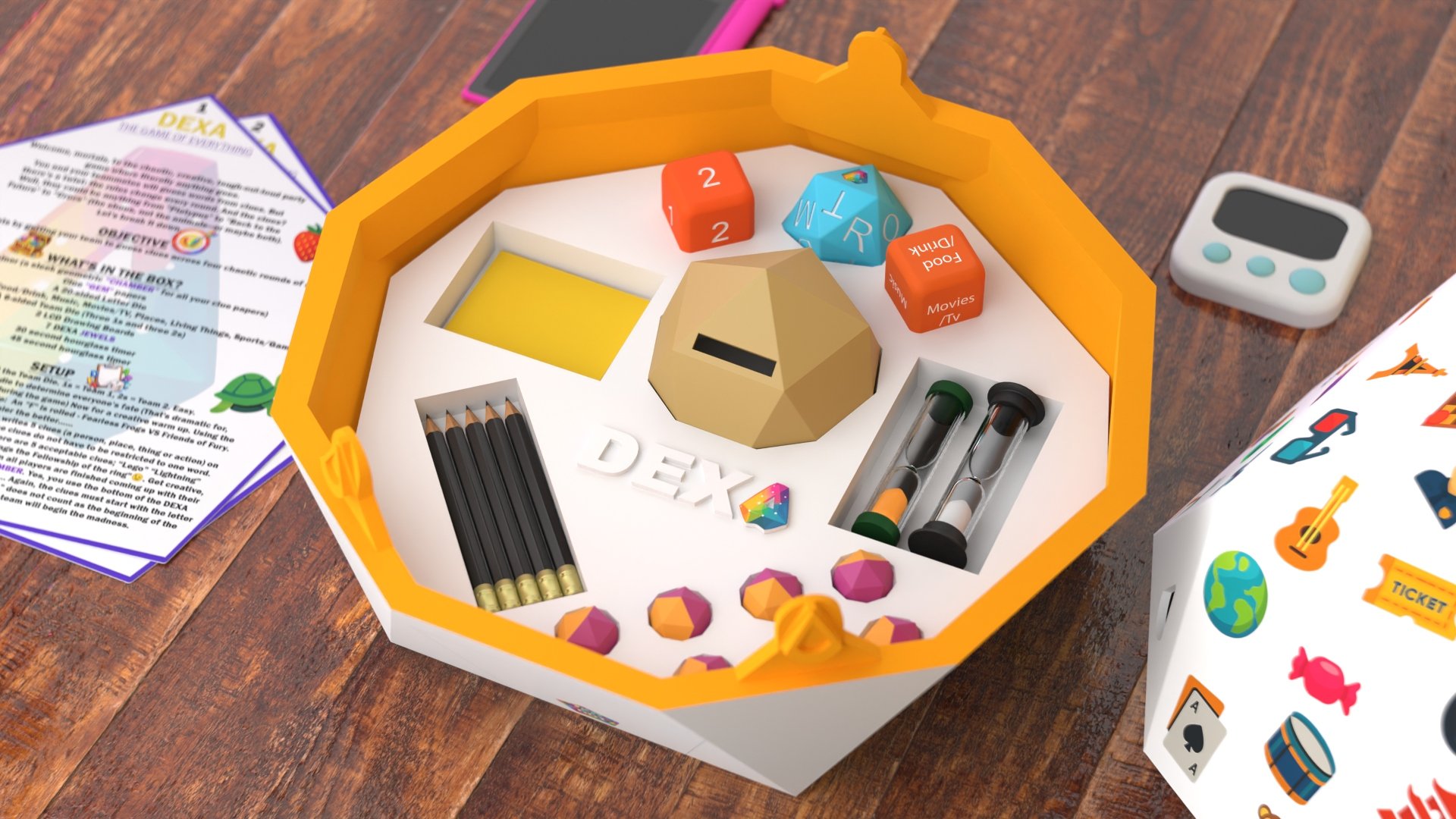 Every DEXA component laid out: dice, pencils, hourglasses, Jewels, and the Dexa Chamber