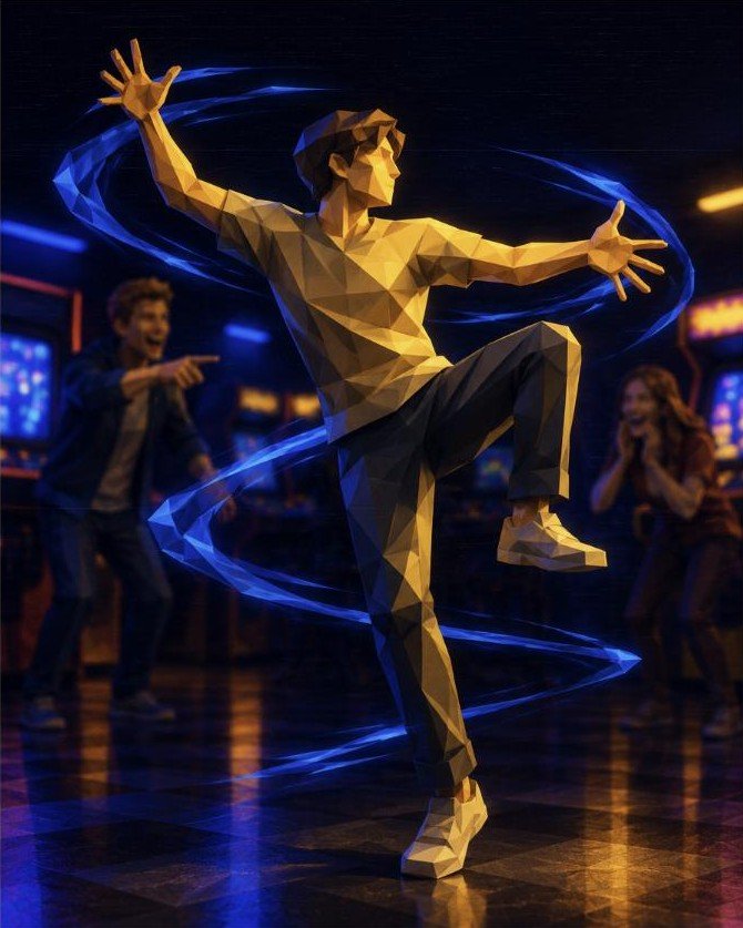 Low-poly illustration of a person mid-motion acting out a clue for friends to guess