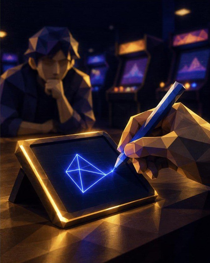 Low-poly illustration of a hand sketching a glowing clue on a drawing tablet